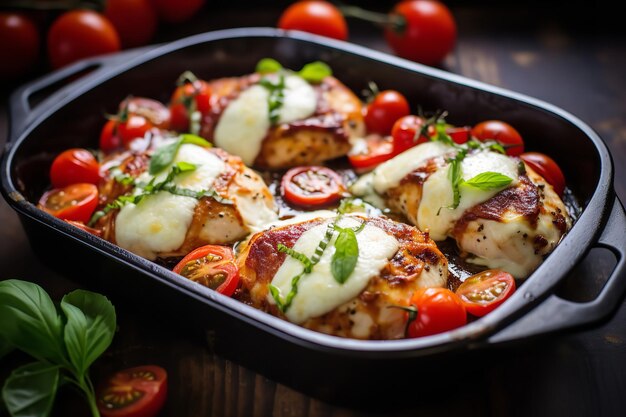 Gebackenes Caprese-Hähnchen, italienisches Rezept, italienisches Essen und Küche