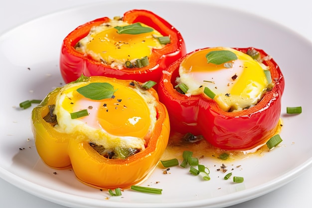 Gebackenes Ei in farbigen Paprika mit Ei in Paprika auf weißem Hintergrund