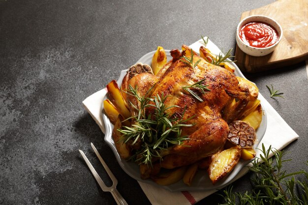 Gebackenes ganzes Hähnchen mit Rosmarin, Knoblauch und Ketchup auf grauem Betonhintergrund. gebratenes Hühnchen.