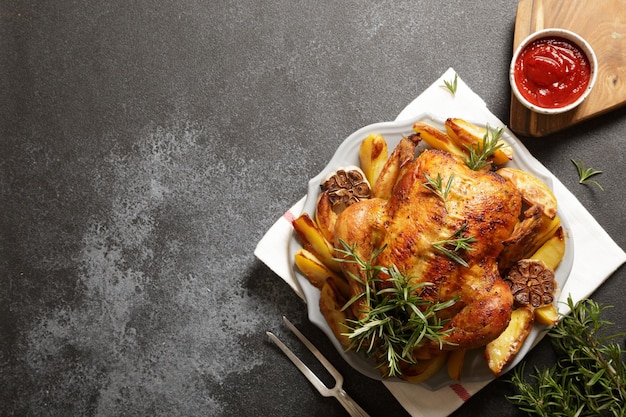 Gebackenes ganzes Hähnchen mit Rosmarin, Knoblauch und Ketchup auf grauem Betonhintergrund. gebratenes Hühnchen.