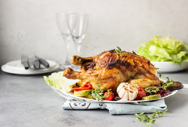 Gebackenes ganzes Huhn mit Gemüse, Thymian und Salat auf einer weißen Keramikplatte.