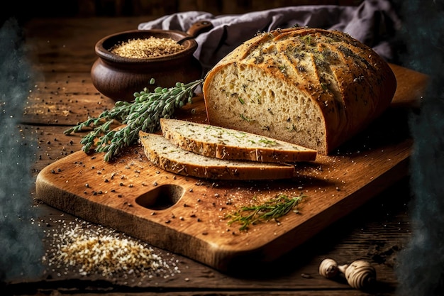 Gebackenes geschnittenes Brot auf Holzbrett mit getrockneten Kräutern für die Ernährung