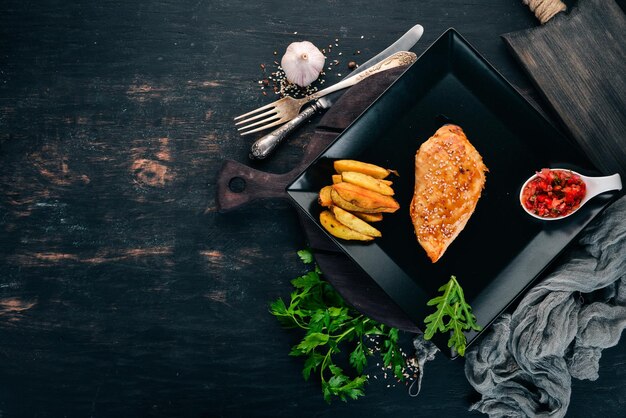 Gebackenes Hähnchenfilet mit Sesamkartoffeln und Soße Auf einem hölzernen Hintergrund Ansicht von oben Kopieren Sie Platz