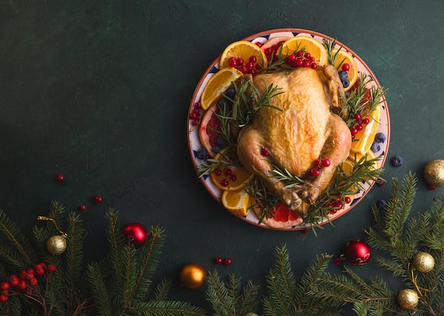 Gebackenes Hühnchen. Der Weihnachtstisch wird mit einem Truthahn serviert, der mit hellen Früchten dekoriert ist. Weihnachtsessen.