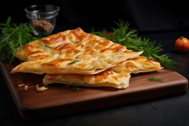 Gebackenes Khachapuri mit Käse und Kräutern auf einem Holzbrett