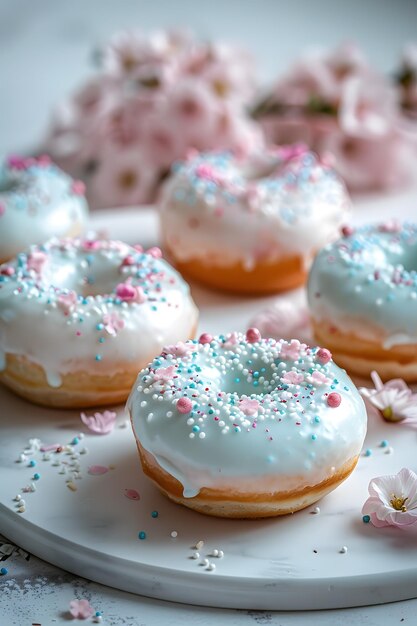 Gebackenes mit weißer Glasur, rosa und blau besprüht auf einem weißen Teller