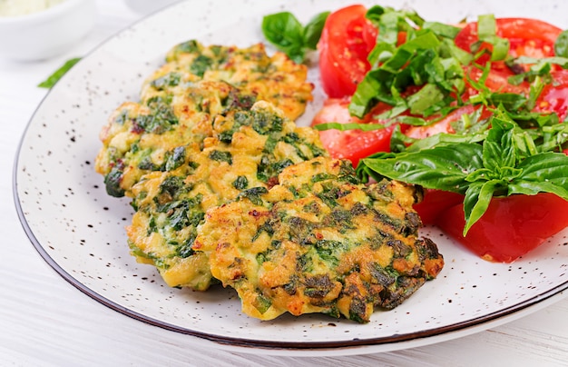 Gebackenes Steak gehacktes Hähnchenfilet mit Spinat-Tomaten-Salat