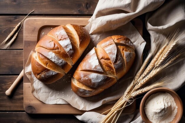 Foto gebacktes brot brotfrisches bäckereiprodukte auf holztafel gesundes lebensmittelkonzept