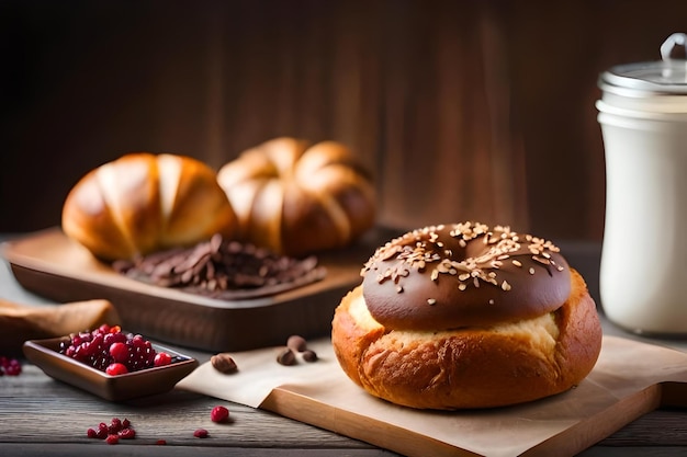 Gebäck auf einem Holztisch mit einem Teller Pralinen und einem Laib Brot.