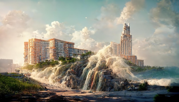 Gebäude auf der Insel ein Wasserfall, der von einer Klippe in den blauen Himmel des Meeres fällt