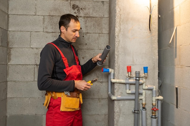 gebäude-, berufs- und personenkonzept - baumeister oder klempner, der mit wasserleitungen im heizraum arbeitet.