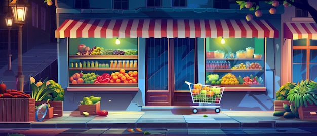 Gebäudefassade des Supermarktgebäudes in der Nacht Moderne Cartoon-Illustration, die ein Lebensmittelgeschäftsfenster und einen Einkaufswagen voller Lebensmittel auf dem Bürgersteig zeigt, Obst und Gemüse für