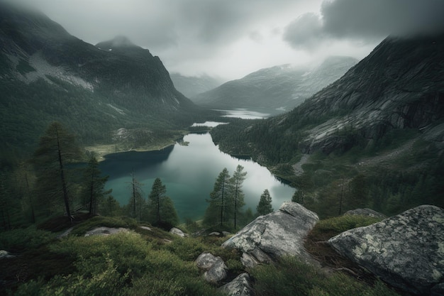 Gebirgige und trostlose Landschaft in Norwegen, imposante und melancholische, generative IA