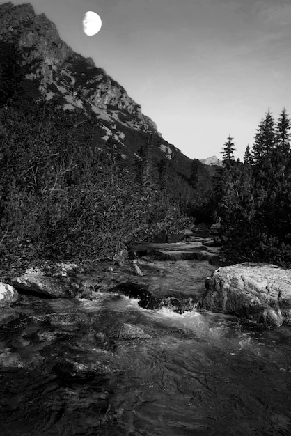 Gebirgsfluss in der Hohen Tatra, Slowakei bei Nacht