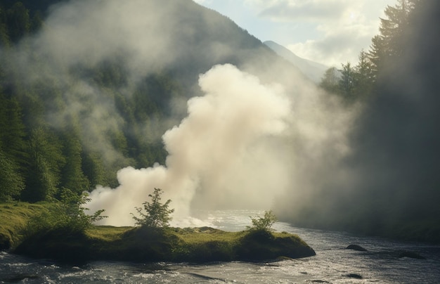 Gebirgsfluss und nebliger Morgen in der Alpenwaldlandschaft