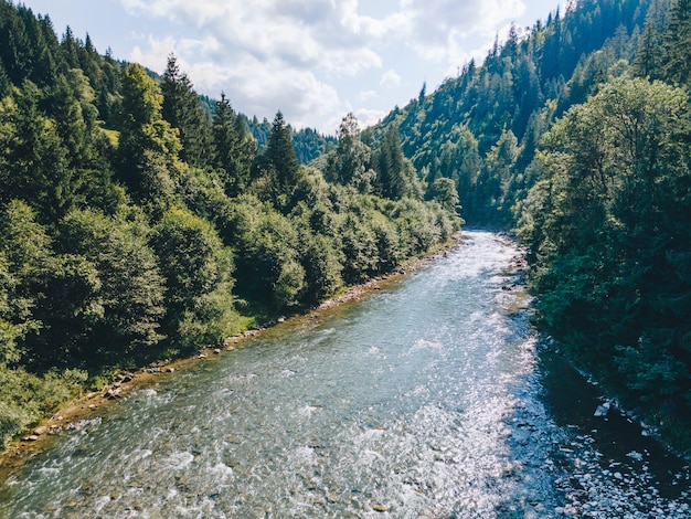 Gebirgsflusslandschaft von oben Sommerzeitkopienraum