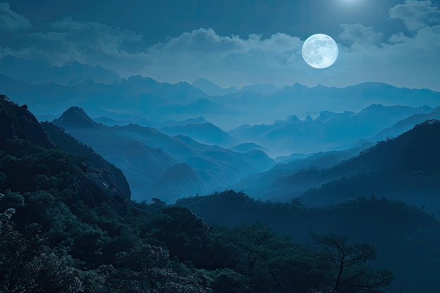 Gebirgslandschaft, die im Mondlicht gebadet wird