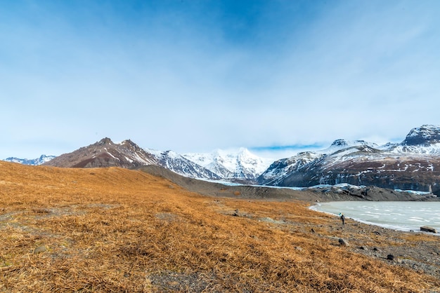 Gebirgstäler gefrorener See und Wiese nahe Gletscher in Island