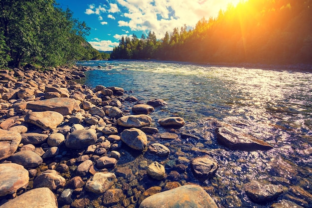 Gebirgstal mit dem Fluss am Abend Schöne Natur Norwegen