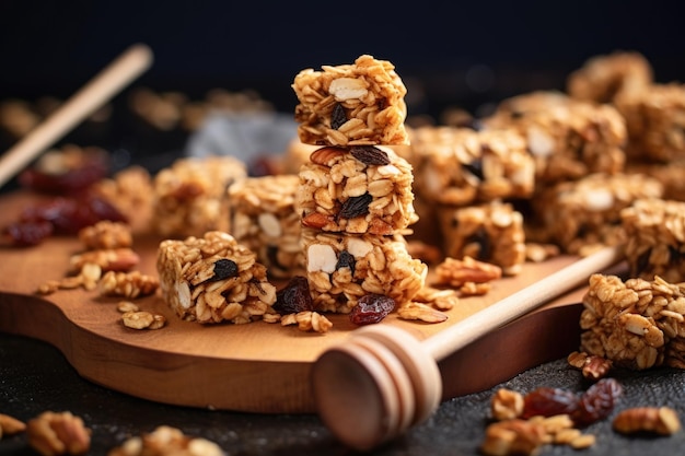 Gebissene Granola-Bar-Stücke auf einem Holzlöffel