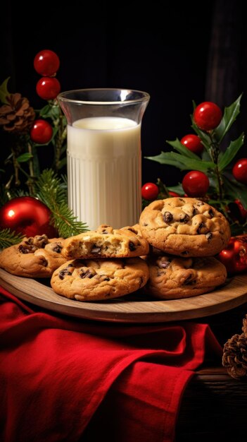 gebissene Kekse mit Milch in einem Glas Essen für den Weihnachtsmann zu Weihnachten auf rotem Tuch vertikal Hochwertig