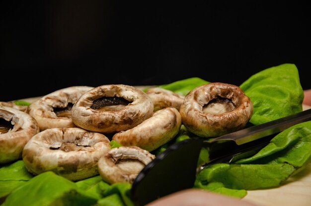 Gebratene Champignons serviert auf grünem Salat