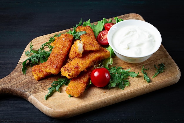 gebratene Fischnuggets mit weißer Soße Arugula und Kirsche keine Menschen