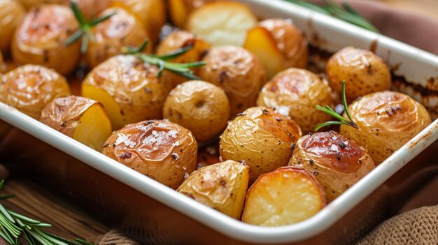 Gebratene ganze kleine Kartoffeln mit Rosmarin und Salz in einer Pfanne mit roter Kruste, appetitvolles Gericht