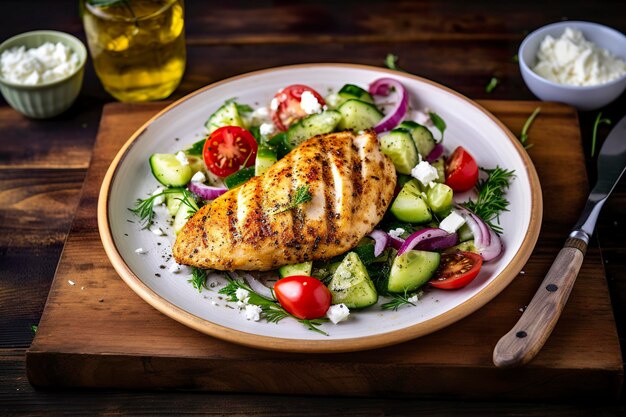 Gebratene Hähnchenbrust und griechischer Salat auf einem Holztisch