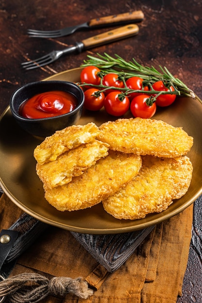 Gebratene Haschbraunkartoffel Gemüsekrapfen in einem Teller mit Tomatensoße Dunkler Hintergrund Ansicht von oben