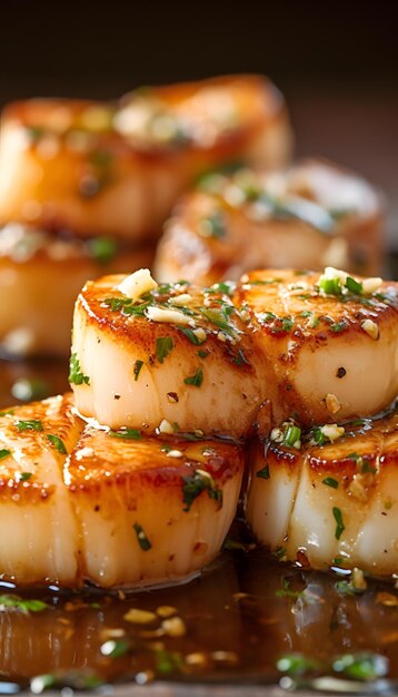 Gebratene Jakobsmuscheln mit Knoblauchbutter, professionelle Fotografie