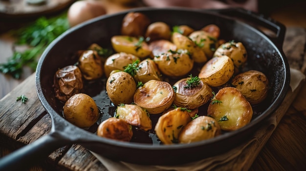 Gebratene Kartoffeln, die auf einer Pfanne im rustikalen Stil gekocht werden