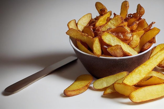 Gebratene Kartoffelscheiben mit Ketchup in einer Schüssel auf einem weißen Tisch 3D-Darstellung