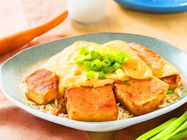 gebratene Mittagessen-Fleischwürfel auf Omeletten auf einer rustikalen flachen Schüssel Reis