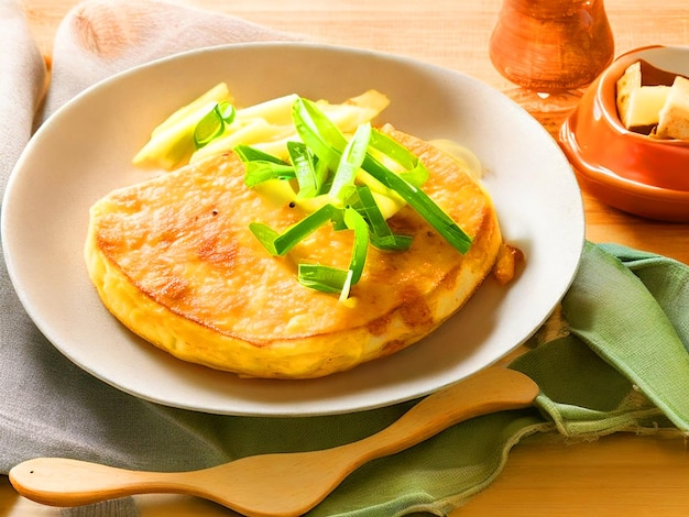 gebratene Mittagessen-Fleischwürfel auf Omeletten auf einer rustikalen flachen Schüssel Reis