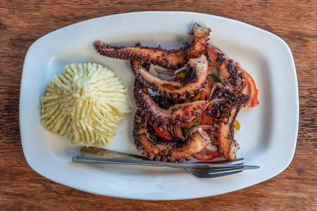 Gebratene Oktopus-Tentakel mit Kartoffelpüree und Gemüsesalat auf einem weißen Teller aus nächster Nähe