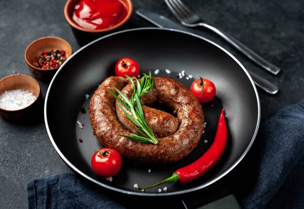 Gebratene Spiralwurst mit Gewürzen in einem Teller