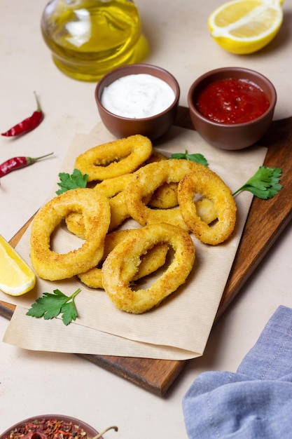 Gebratene Tintenfischringe mit zwei Saucen, Zitrone und Kräutern. Fastfood. Vorspeise.