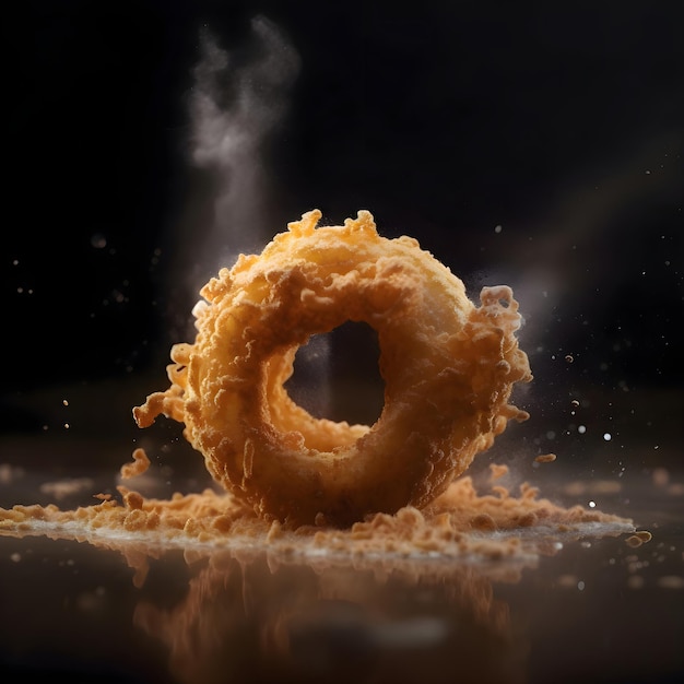 Gebratener Donut auf schwarzem Hintergrund. Selektiver Fokus