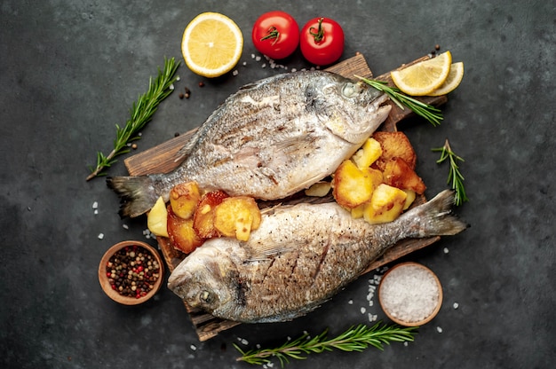 Gebratener Dorado-Fisch und Bratkartoffeln auf einem Schneidebrett mit Gewürzen und Zitrone auf einem Steinhintergrund