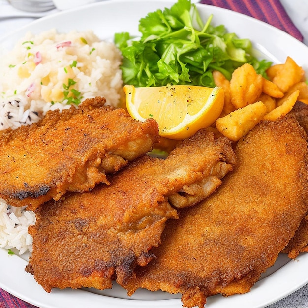 Gebratener Karpfenfisch und frischer Gemüsesalat auf einem Holztisch