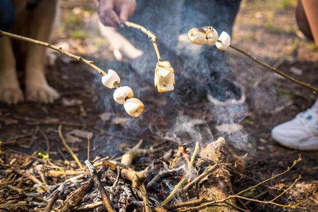 Foto gebratener marshmallow in der natur, nahaufnahme