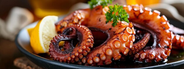 Gebratener Oktopus auf einem Teller und ein Glas Wein selektiver Fokus Generative KI
