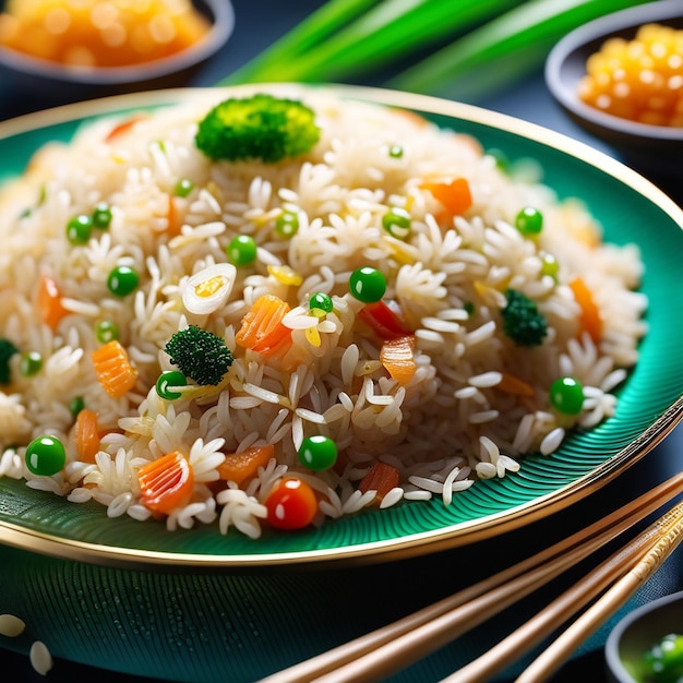 Gebratener Reis auf einem Teller geschmückt