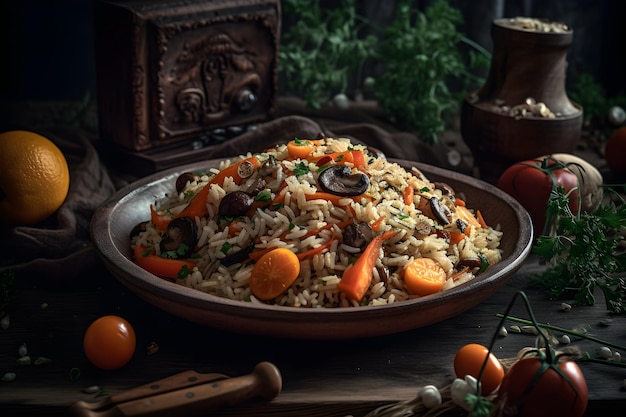 Gebratener Reis mit Fleisch und Gemüse auf einem Teller auf schwarzem Hintergrund