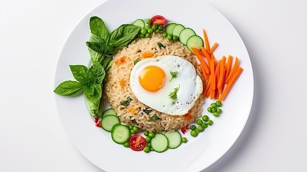 Gebratener Reis mit gebratenen Eiern auf einem Teller mit weißem Hintergrund Generative KI