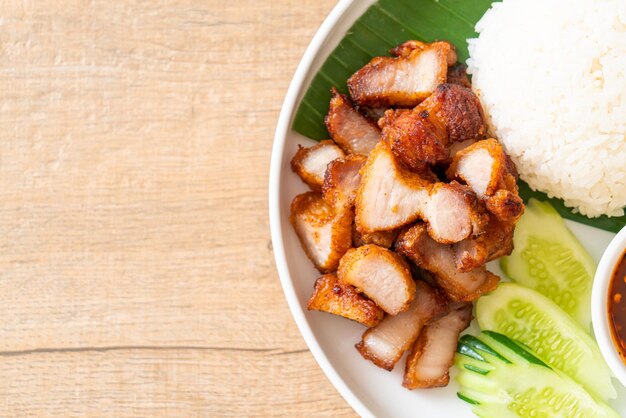 Gebratener Schweinebauch mit Reis mit scharfer Sauce nach asiatischer Art