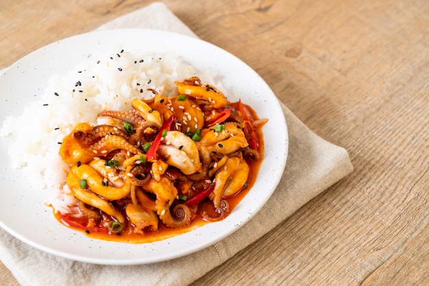 Gebratener Tintenfisch oder Tintenfisch und koreanische würzige Paste (Osam Bulgogi) mit Reis