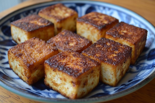 Gebratener Tofu in süß-saurer Soße mit Szechuanpfeffer und Gemüse auf einem weißen Teller