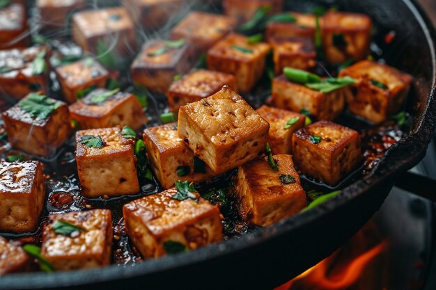 Gebratener Tofu in süß-saurer Soße mit Szechuanpfeffer und Gemüse auf einem weißen Teller